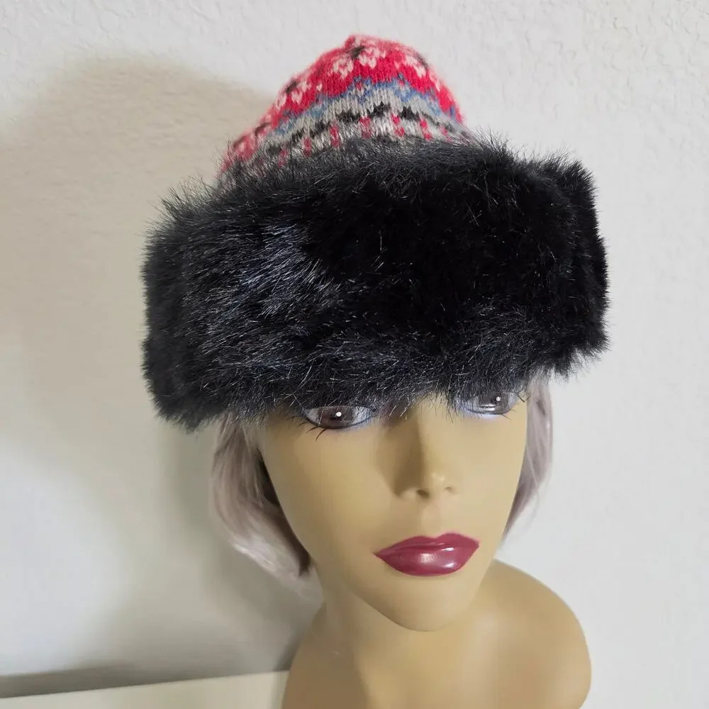 Fair Isle Knit Hat with Black Faux Fur Trim Womens One Size Winter Nordic
